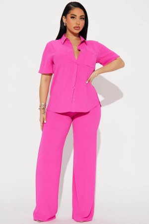 Pink Fashion Nova Makenzie Short Sleeve Pant Set Women Pants USA | 762391YQX