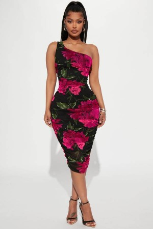 Pink Fashion Nova Rosalia Ruched Midi Women Dress USA | 791054ZQM