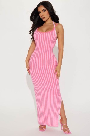 Pink Fashion Nova Rosana Ribbed Maxi Women Dress USA | 316704HWJ