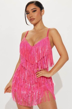 Pink Fashion Nova Selena Sequin Fringe Mini Women Dress USA | 012983ULP