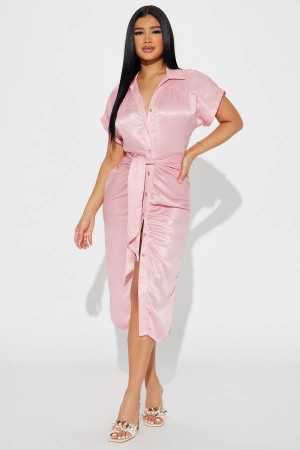 Pink Fashion Nova She Means Business Satin Midi Women Dress USA | 214537CJW