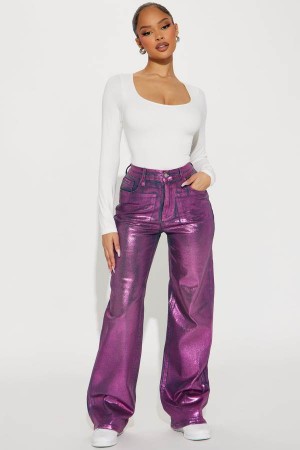 Pink Fashion Nova She's A Doll Foil Baggy Women Jeans USA | 928731STK