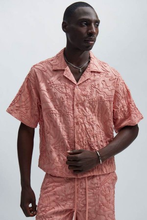 Pink Fashion Nova Swirl Jacquard Linen Men Shirts USA | 145697XWL