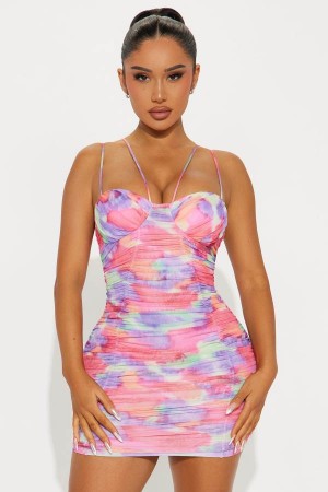 Pink Fashion Nova Zoee Ruched Mesh Mini Women Dress USA | 302168FDP