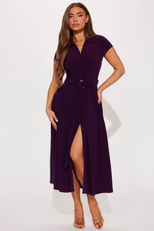 Purple Fashion Nova Elise Button Up Midi Women Dress USA | 931708FPE