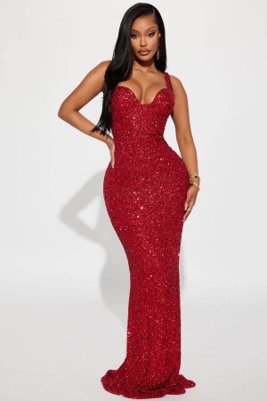 Red Fashion Nova Alora Sequin Maxi Women Dress USA | 534081WUP