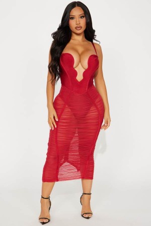 Red Fashion Nova Analise Bandage Midi Women Dress USA | 962140ZAE