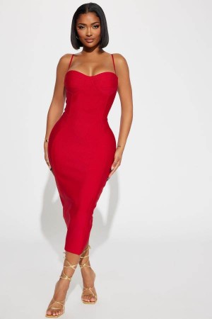 Red Fashion Nova Becky Bandage Midi Women Dress USA | 703654DKS