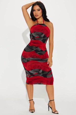 Red Fashion Nova Burnin' Up Mesh Midi Women Dress USA | 384027ZPX