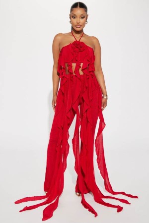 Red Fashion Nova Caught In The Moment Slinky Pant Set Women Pants USA | 410328OIU