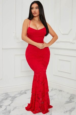 Red Fashion Nova Elegant Lace Maxi Women Dress USA | 495271XBM