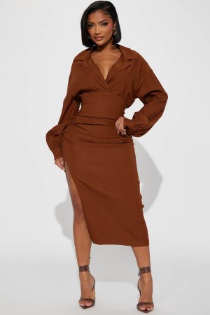 Red Fashion Nova Elise Ruched Midi Women Dress USA | 185907ENR