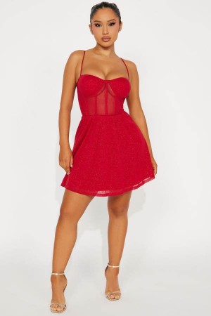 Red Fashion Nova Gaia Glitter Mesh Mini Women Dress USA | 983046ZBD