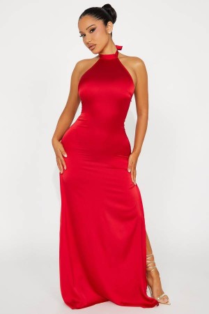 Red Fashion Nova Living Lux Satin Maxi Women Dress USA | 423985DUY