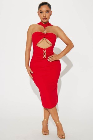 Red Fashion Nova Love On Fire Midi Women Dress USA | 986401EOS