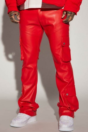 Red Fashion Nova Name Of Love Faux Leather Stacked Slim Flare Men Pants USA | 674351BSK