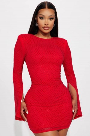 Red Fashion Nova Sarah Rhinestone Mesh Mini Women Dress USA | 547063VKO