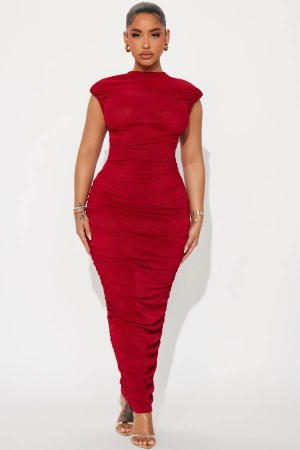 Red Fashion Nova Sofie Ruched Maxi Women Dress USA | 093816EPU