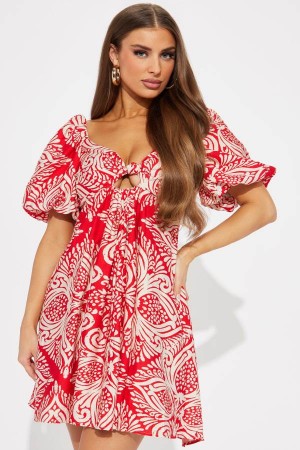 Red Fashion Nova Versailles Puff Sleeve Mini Women Dress USA | 347869ZCV