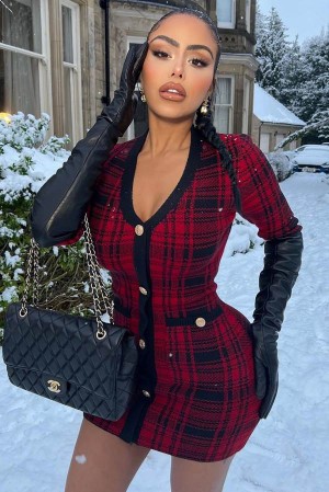 Red / Black Fashion Nova Power Hour Plaid Mini Women Dress USA | 752360KME