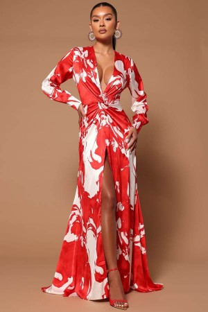 Red / White Fashion Nova Melissa Satin Maxi Women Dress USA | 284190SVU