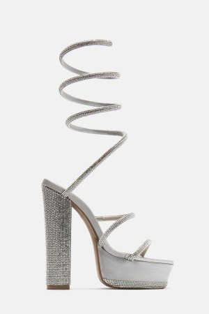 Silver Fashion Nova Bright Lights Wrap Up Heeled Women Sandals USA | 450678XIM