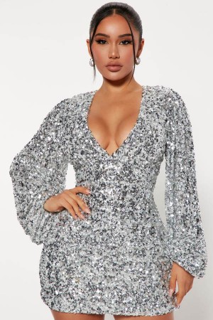 Silver Fashion Nova Brook Sequin Mini Women Dress USA | 513084KSA