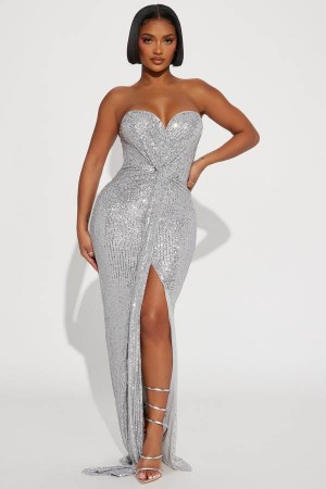 Silver Fashion Nova Celeste Sequin Maxi Women Dress USA | 895306RFO