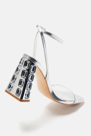 Silver Fashion Nova I Mean It Heeled Women Sandals USA | 910758FHR