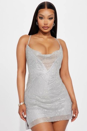 Silver Fashion Nova Isabelle Rhinestone Mini Women Dress USA | 469158FWL