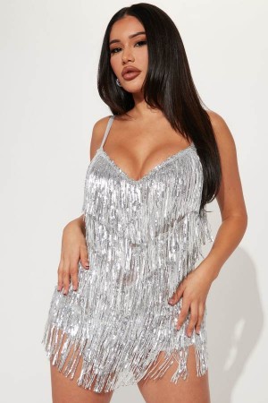 Silver Fashion Nova Selena Sequin Fringe Mini Women Dress USA | 692580USX