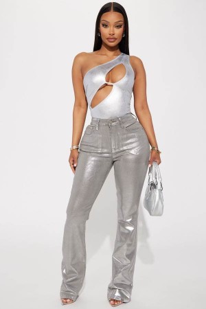 Silver Fashion Nova Shine Bright Foil Stretch Bootcut Women Jeans USA | 319804IUT