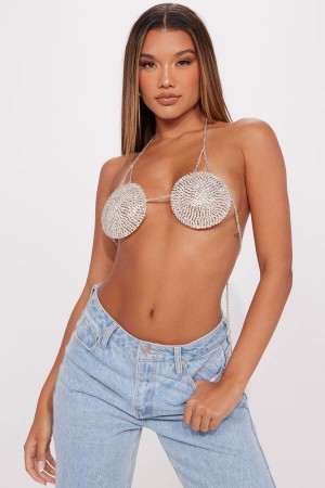 Silver Fashion Nova Star Of The Show Rhinestone Top Bra Women Tops USA | 752386ZKN