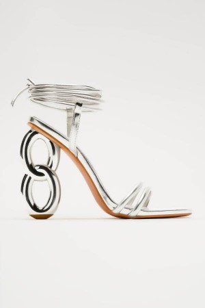 Silver Fashion Nova Super Babe Metallic Wrap Up Heeled Women Sandals USA | 143978YCH