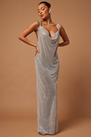 Silver Fashion Nova Sylvie Rhinestone Chainmail Maxi Women Dress USA | 708364VRA