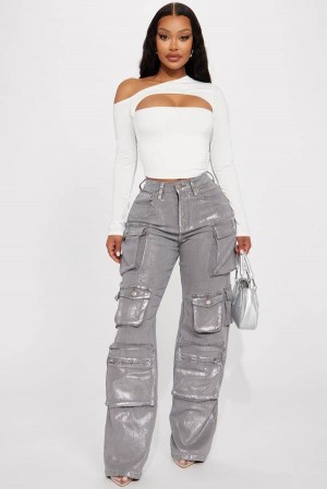 Silver Fashion Nova Time To Shine Foil Baggy Cargo Women Jeans USA | 410635WVA