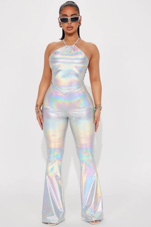 Silver Fashion Nova Won't Stop Glowing Pant Set Women Pants USA | 203785XFQ