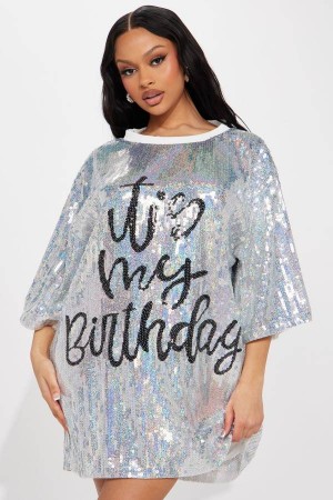 Silver / Black Fashion Nova Birthday Queen Sequin Shirt Women Dress USA | 049182KOR