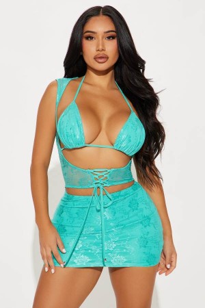 Turquoise Fashion Nova Bella Lace Micro Mini Women Dress USA | 289517EDH