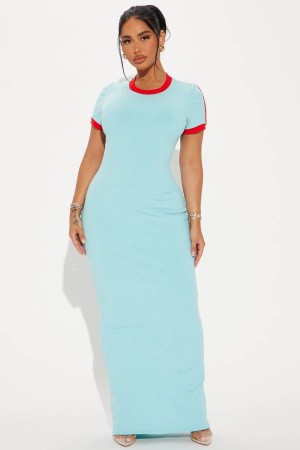 Turquoise Fashion Nova Loren Snatched Maxi Women Dress USA | 369801NRC