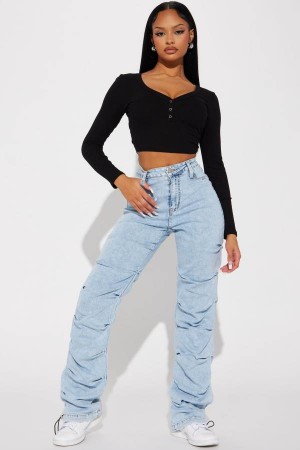 Wash Blue Fashion Nova Catch My Vibe Stacked Straight Leg Women Jeans USA | 028561EYL