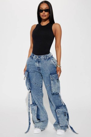 Wash Blue Fashion Nova Strap It Down Cargo Women Jeans USA | 417685QYJ