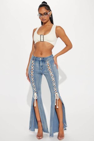 Wash Fashion Nova About That Life Stretch Lace Up Flare Women Jeans USA | 728451ZHX