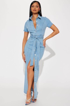 Wash Fashion Nova Alyana Short Sleeve Denim Maxi Women Dress USA | 742319AGU