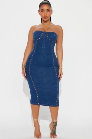 Wash Fashion Nova Bluebell Denim Midi Women Dress USA | 634812SCU