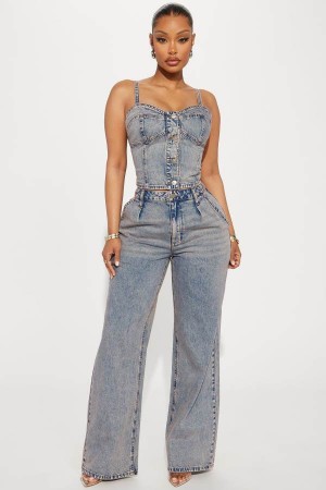 Wash Fashion Nova Cassie Denim Pant Set Women Pants USA | 629531PEA