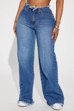 Wash Fashion Nova Come And Get It Cut Off Waistband Wide Leg Women Jeans USA | 529176JFB