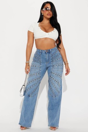 Wash Fashion Nova Following My Lead Stretch Embellished Straight Leg Women Jeans USA | 283470CNU