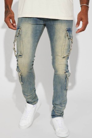 Wash Fashion Nova Hold On Cargo Stacked Skinny Men Jeans USA | 680572OJC