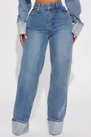 Wash Fashion Nova Influential Sparkle Baggy Straight Leg Women Jeans USA | 069185NMY